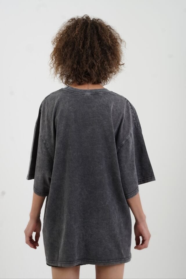 Antrasit Leopar Baskılı Soluk Efektli Oversize Tshirt