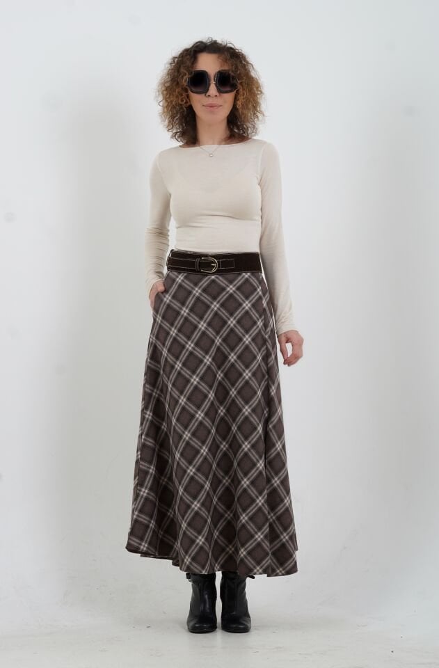 Kahve Bej Kemerli Yırtmaçlı Ekose Etek