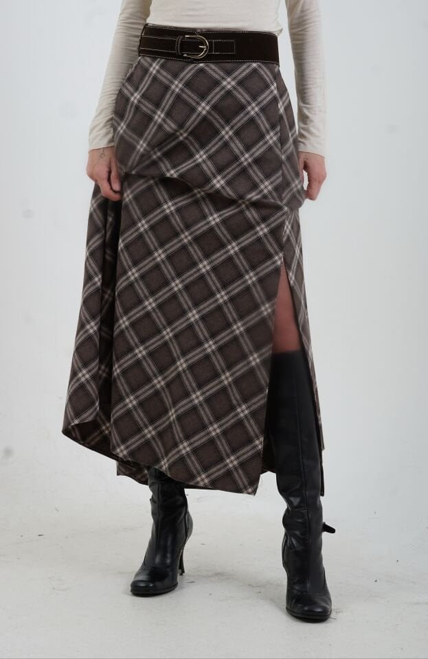 Kahve Bej Kemerli Yırtmaçlı Ekose Etek