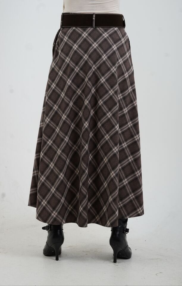 Kahve Bej Kemerli Yırtmaçlı Ekose Etek