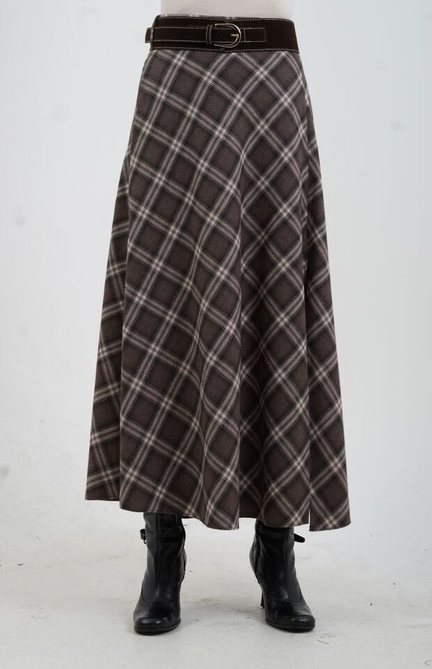 Kahve Bej Kemerli Yırtmaçlı Ekose Etek