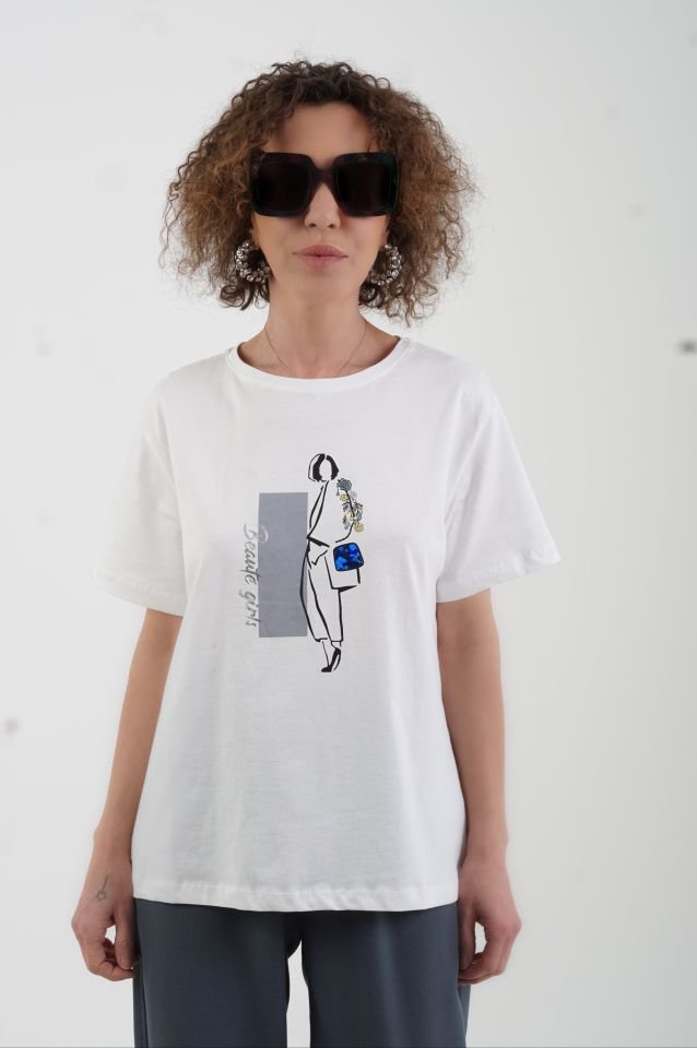 Ekru Çantalı Kız Baskılı Tshirt