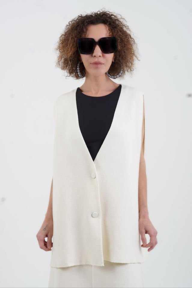 Krem Oversize Triko Yelek