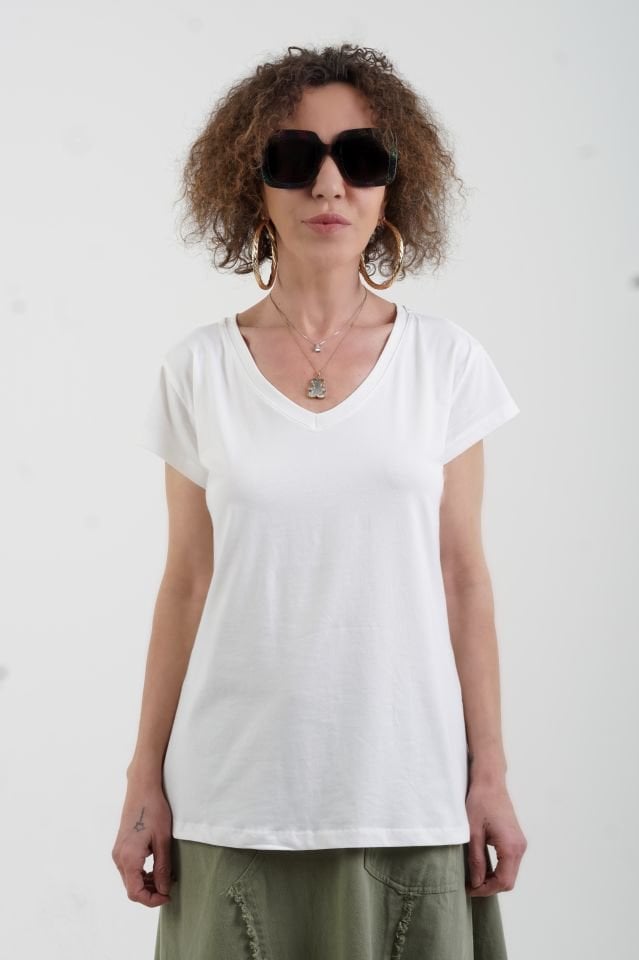Ekru V Yaka Pamuk Likra Tshirt