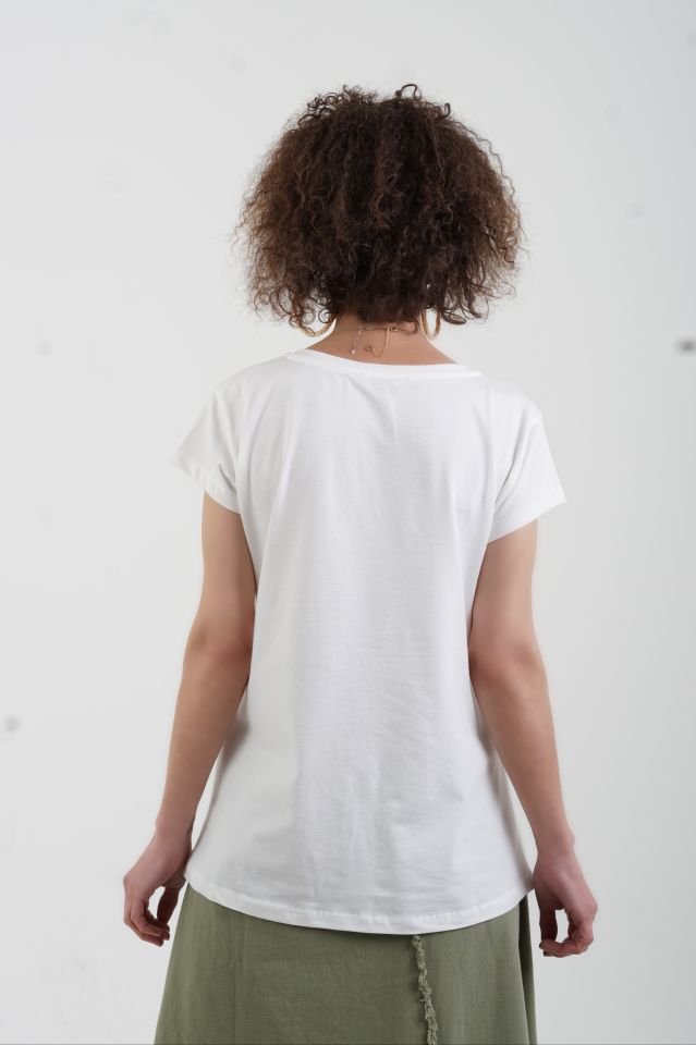 Ekru V Yaka Pamuk Likra Tshirt