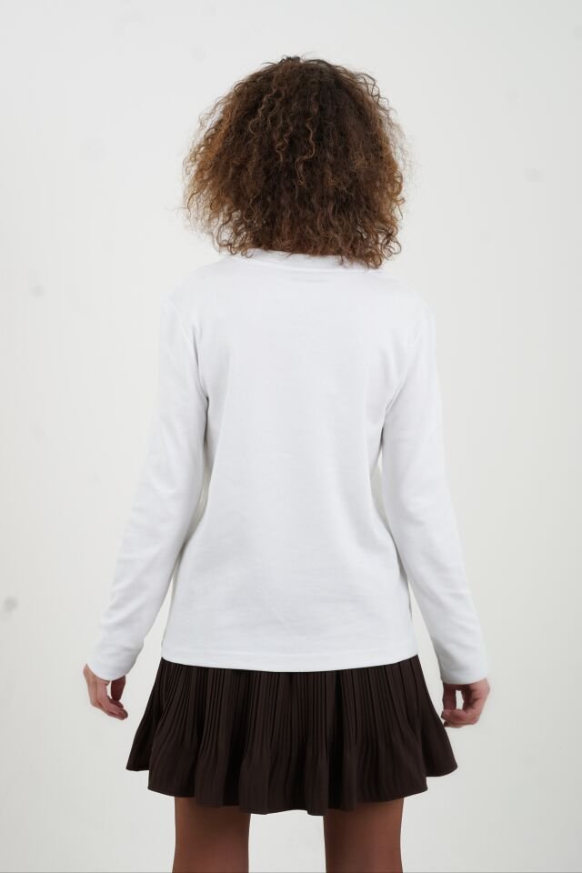 Ekru Bisiklet Yaka Uzun Kollu Penye Bluz