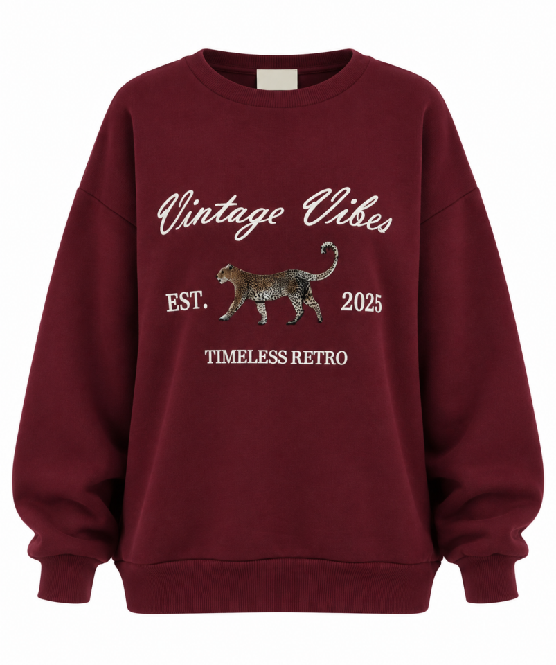 Bordo Kaplan Baskılı Nakışlı Sweatshirt