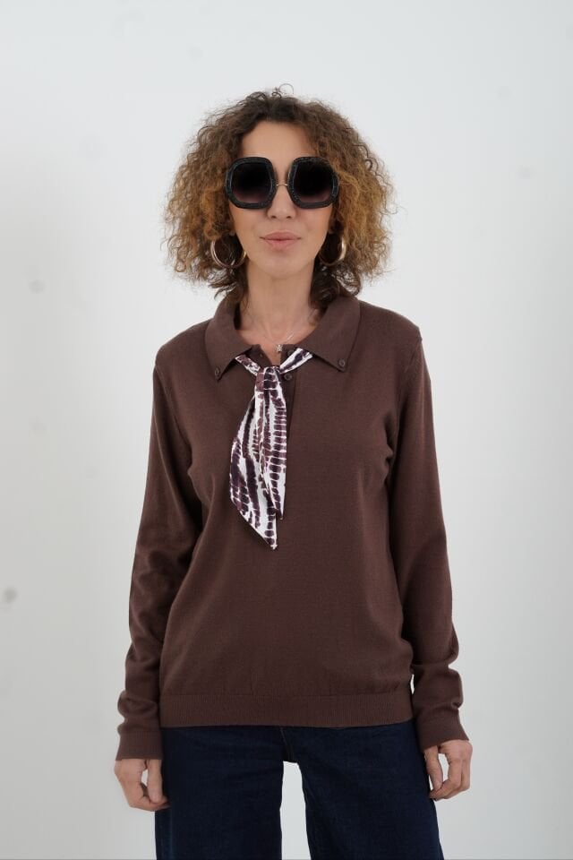 Kahve Polo Yaka Fularlı Uzun Kol Kazak