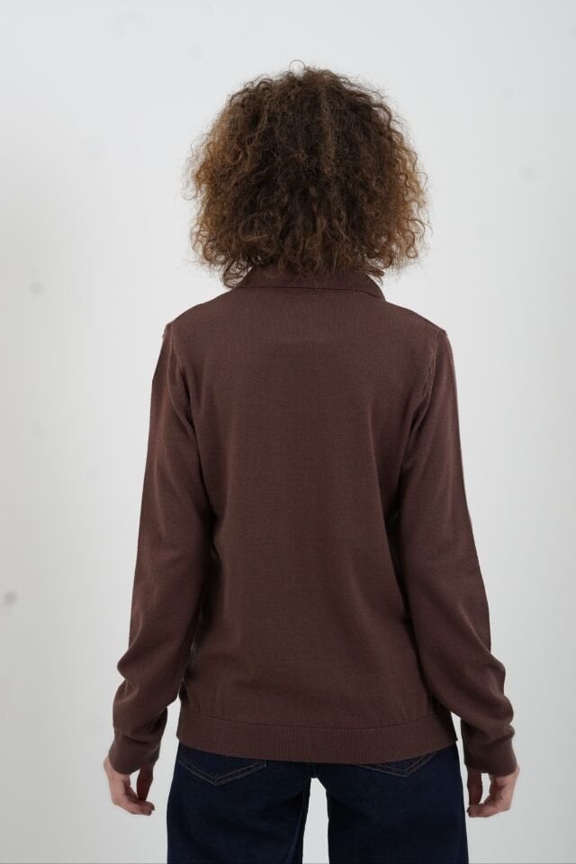 Kahve Polo Yaka Fularlı Uzun Kol Kazak