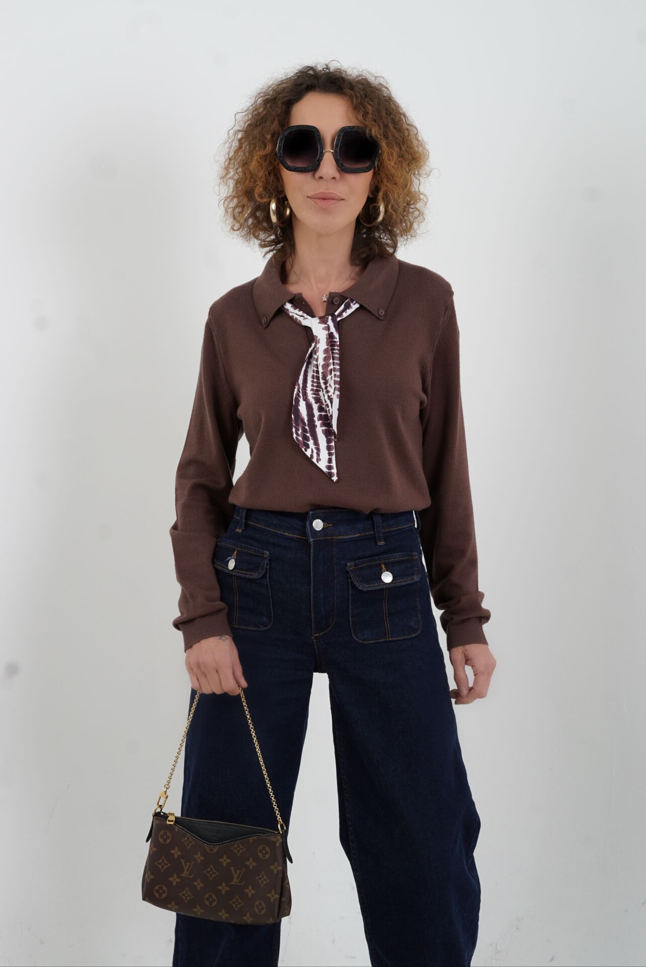 Kahve Polo Yaka Fularlı Uzun Kol Kazak