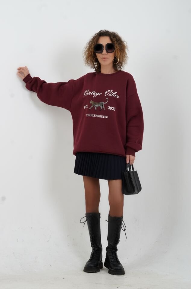 Bordo Kaplan Baskılı Nakışlı Sweatshirt