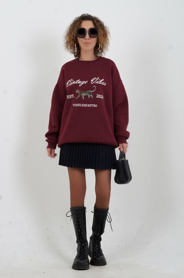 Bordo Kaplan Baskılı Nakışlı Sweatshirt