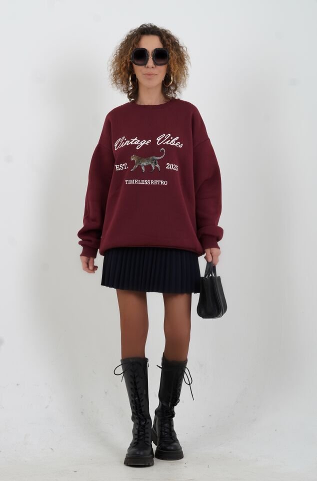 Bordo Kaplan Baskılı Nakışlı Sweatshirt