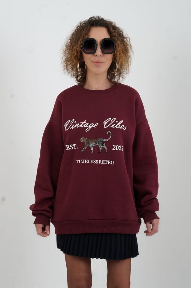Bordo Kaplan Baskılı Nakışlı Sweatshirt