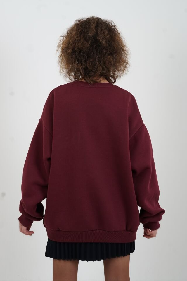 Bordo Kaplan Baskılı Nakışlı Sweatshirt