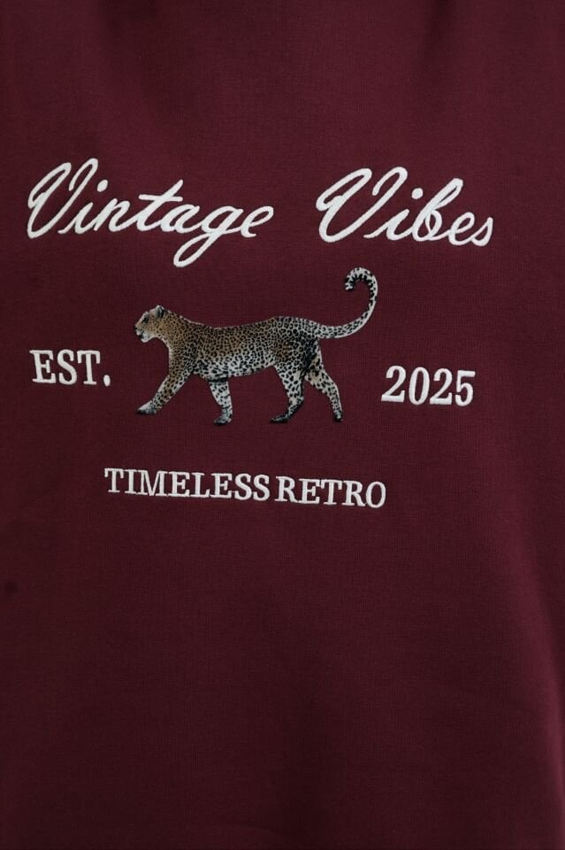Bordo Kaplan Baskılı Nakışlı Sweatshirt