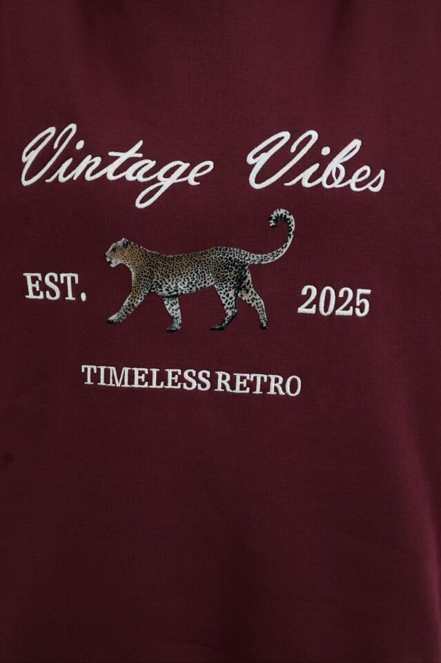 Bordo Kaplan Baskılı Nakışlı Sweatshirt