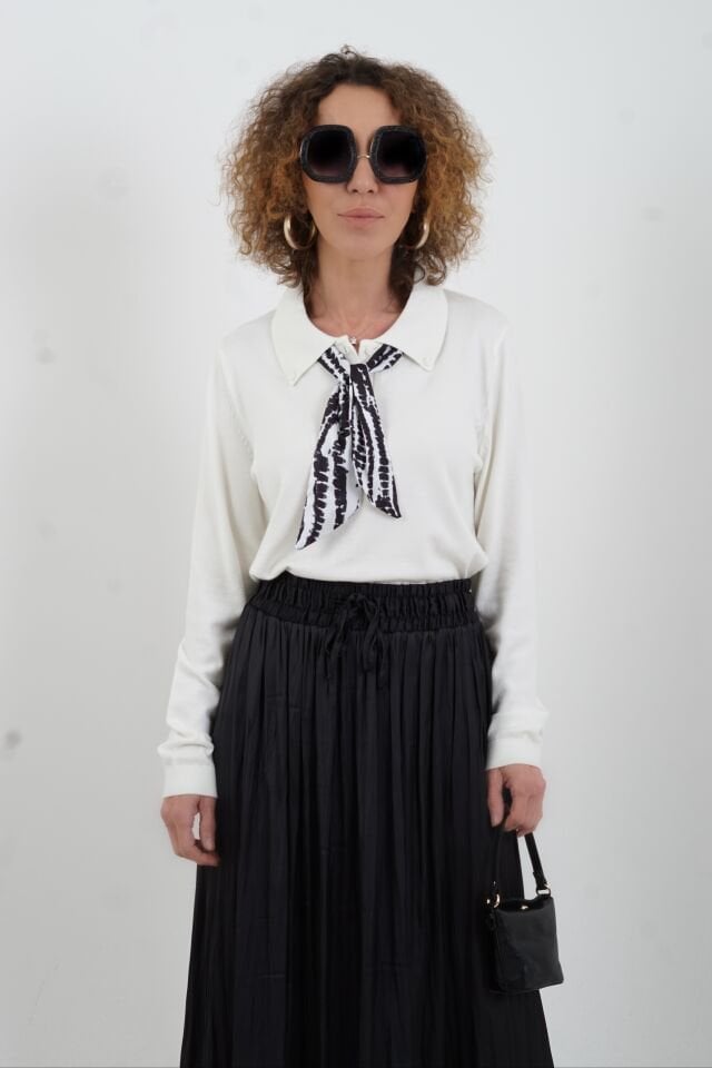 Ekru Polo Yaka Fularlı Uzun Kol Kazak