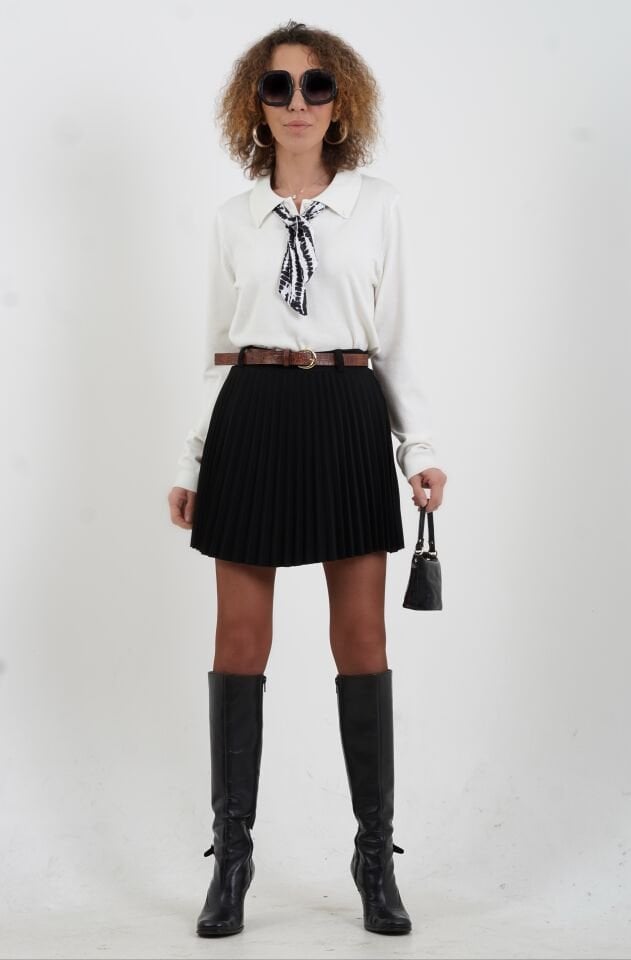 Ekru Polo Yaka Fularlı Uzun Kol Kazak