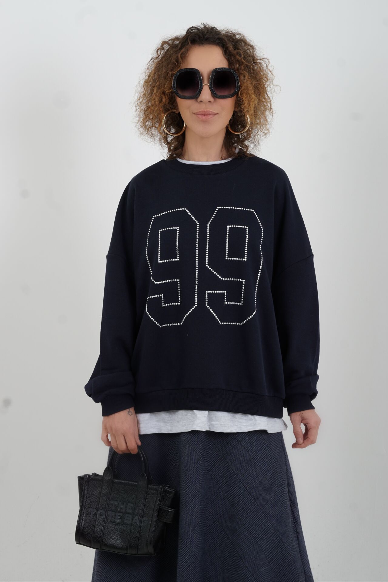 Lacivert Gümüş Taşlı Sweatshirt