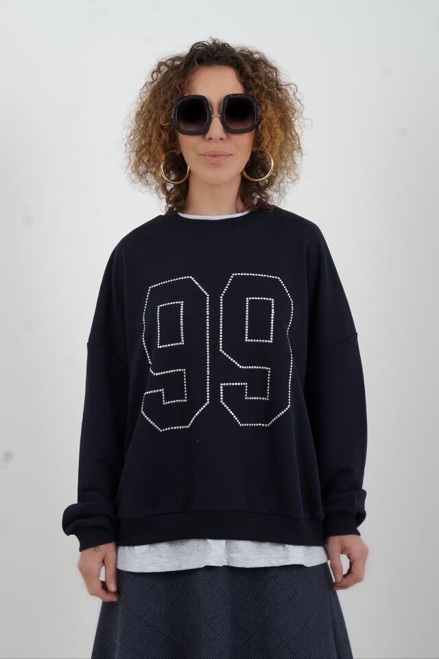 Lacivert Gümüş Taşlı Sweatshirt