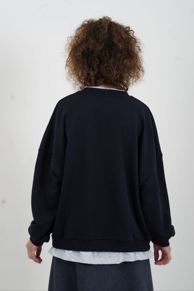 Lacivert Gümüş Taşlı Sweatshirt