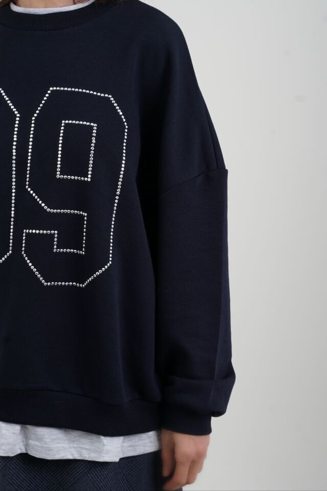 Lacivert Gümüş Taşlı Sweatshirt