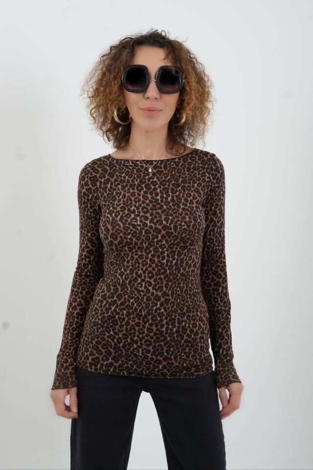 Leopar Desenli  Kayık Yaka Modal Kaşmir Bluz