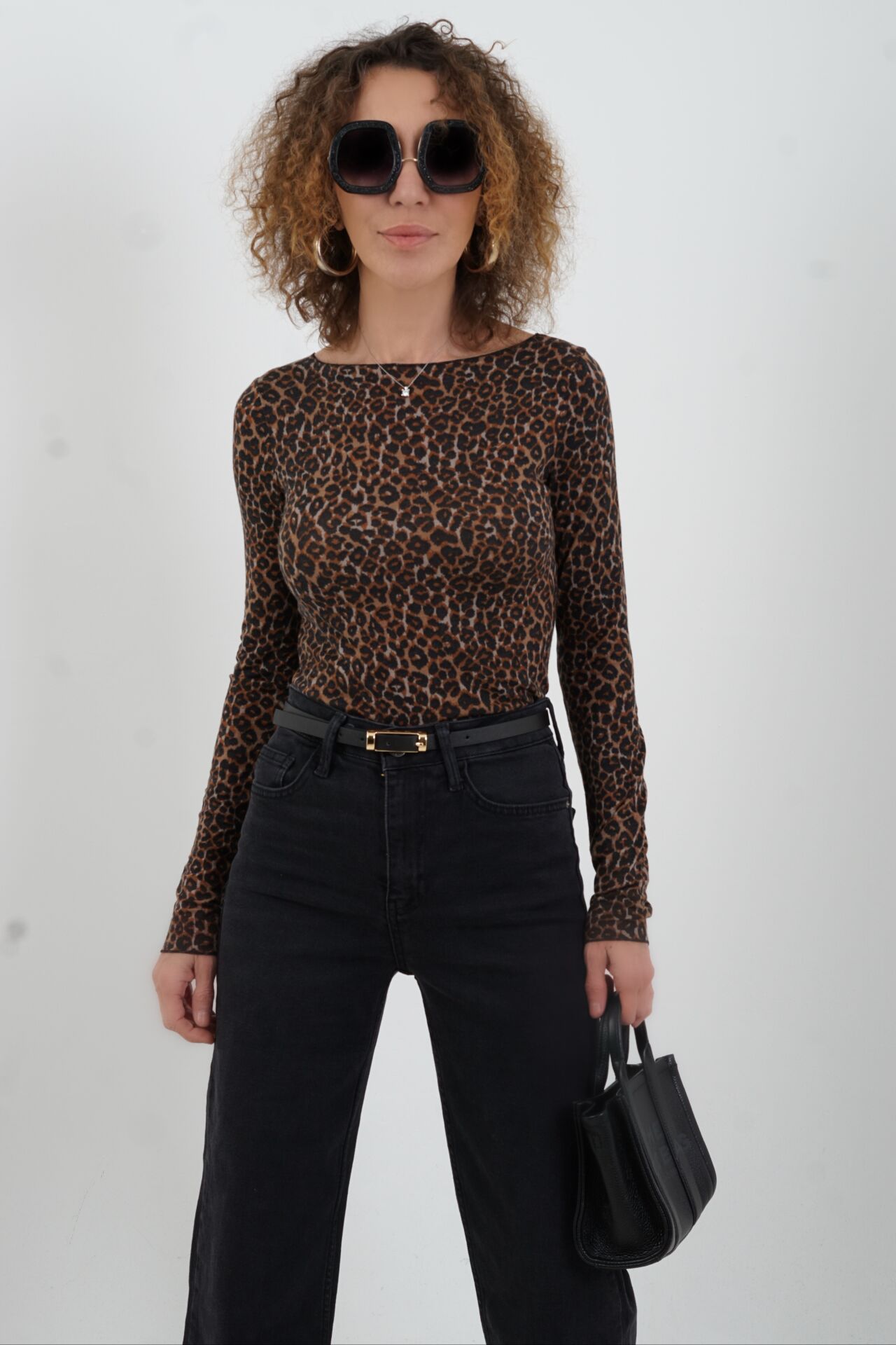 Leopar Desenli  Kayık Yaka Modal Kaşmir Bluz