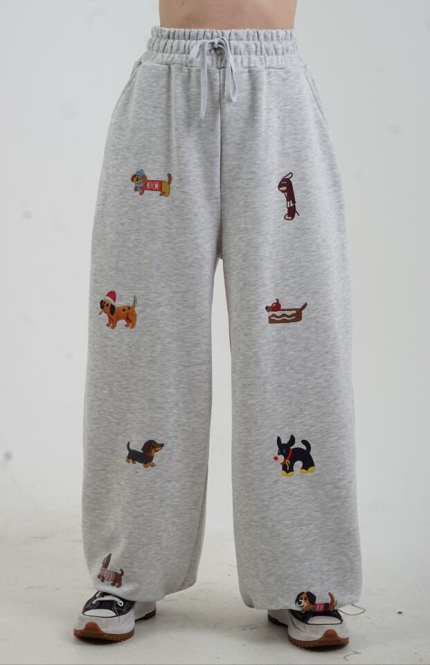 Gri Köpek Baskılı Eşofman Pantolon