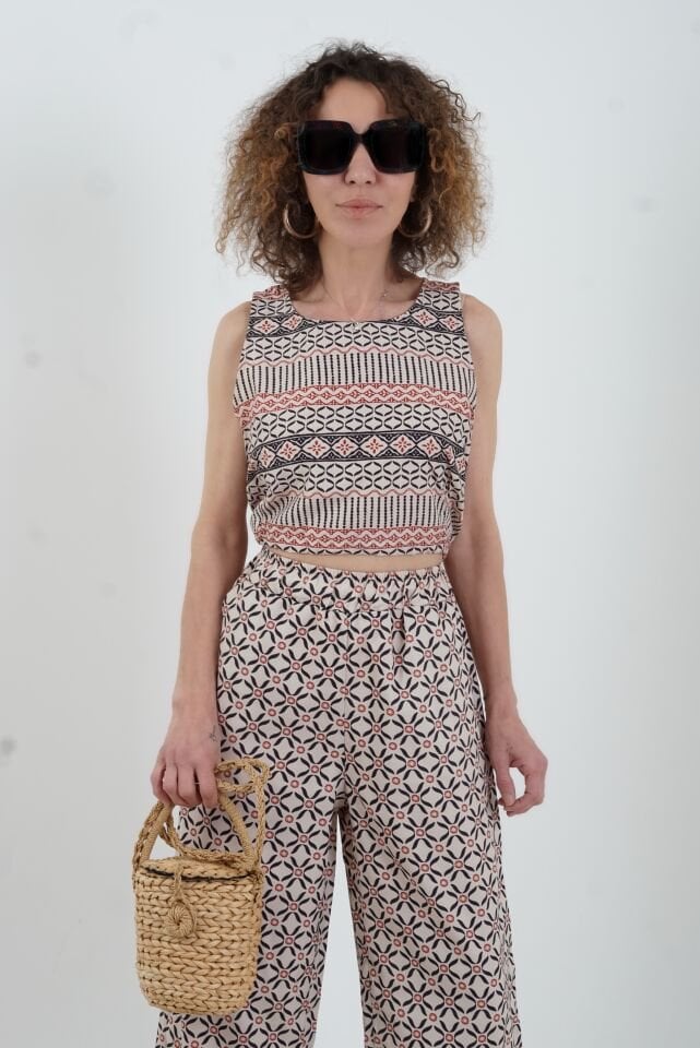 Tribal Desenli  Bluz Pantolon Takım