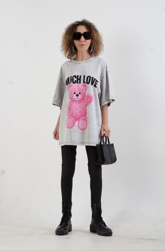 Gri Teddy Soluk Efektli Oversize Tshirt