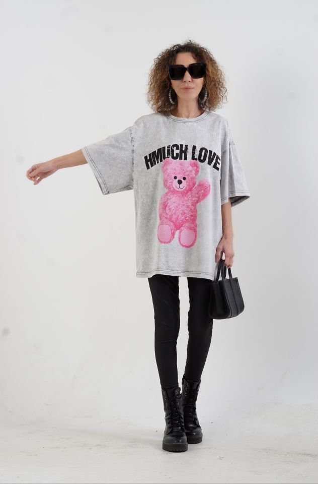 Gri Teddy Soluk Efektli Oversize Tshirt