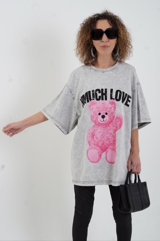 Gri Teddy Soluk Efektli Oversize Tshirt
