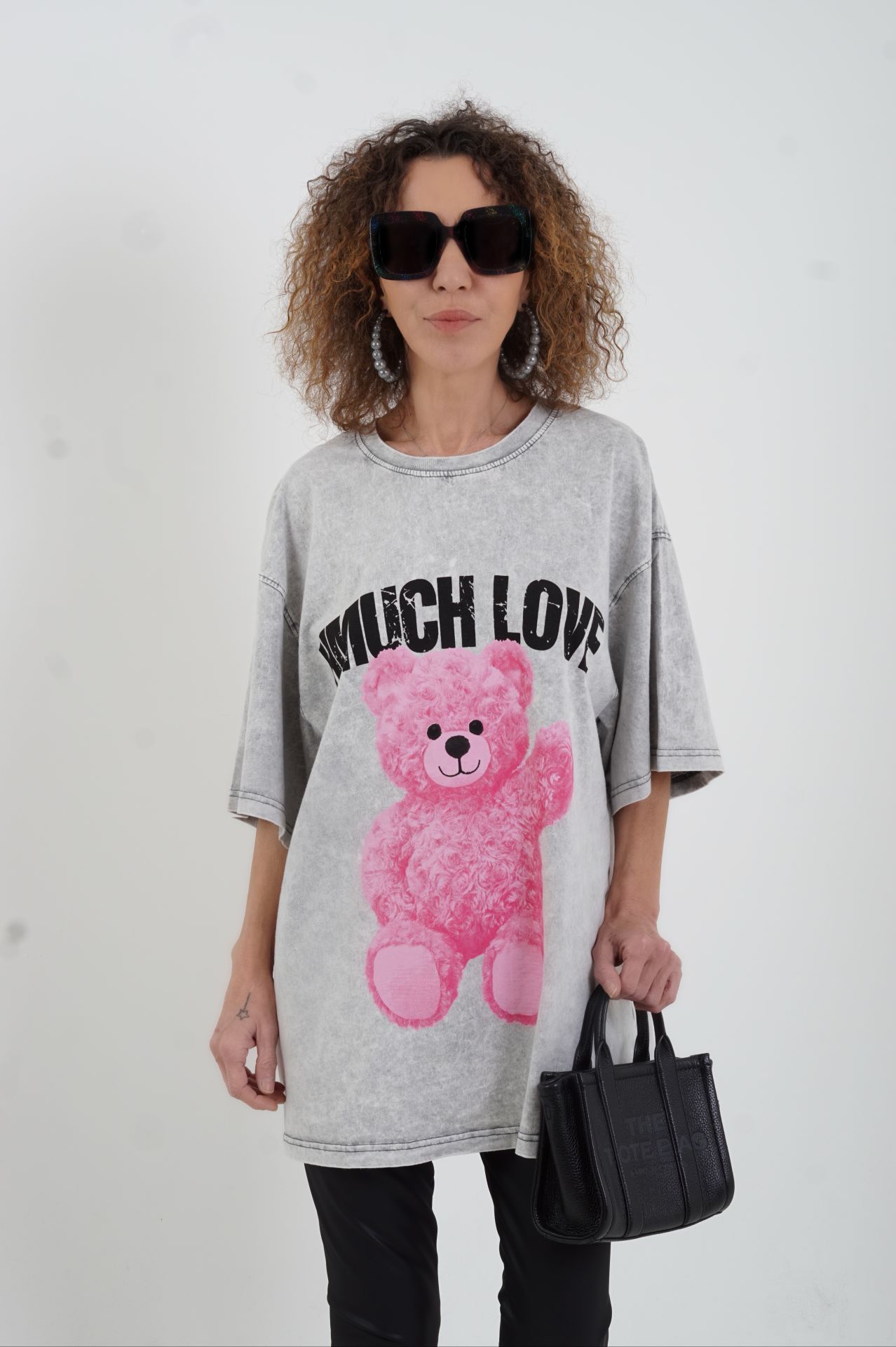 Gri Teddy Soluk Efektli Oversize Tshirt