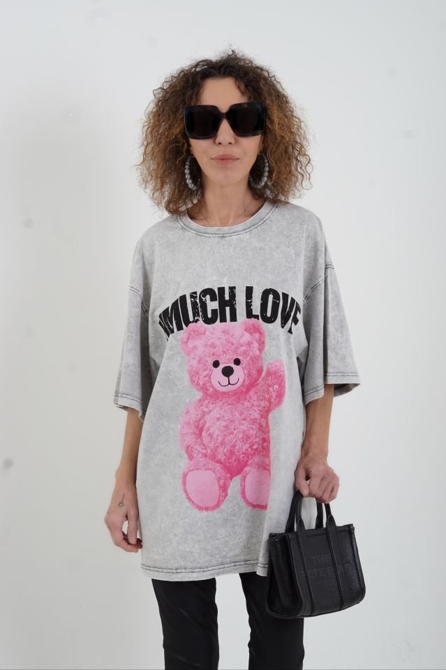 Gri Teddy Soluk Efektli Oversize Tshirt