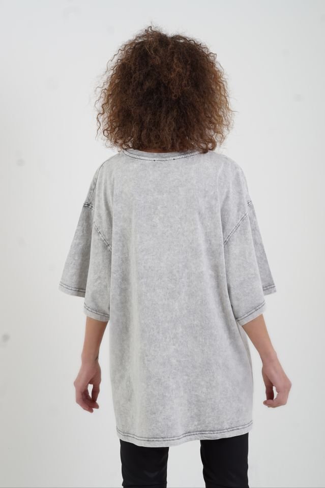Gri Teddy Soluk Efektli Oversize Tshirt