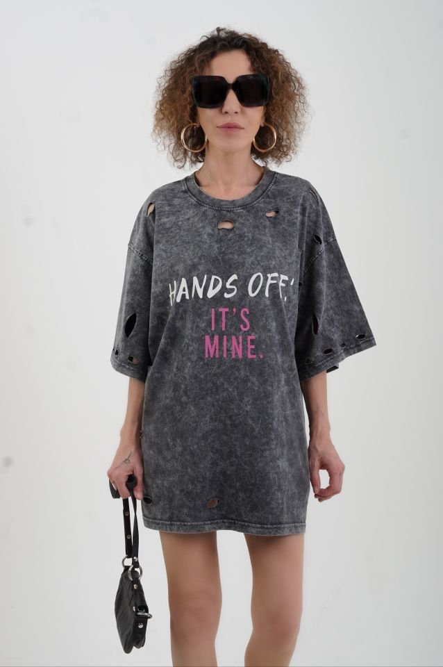 Antrasit Hands Off Soluk Efektli Baskılı Oversize Tshirt