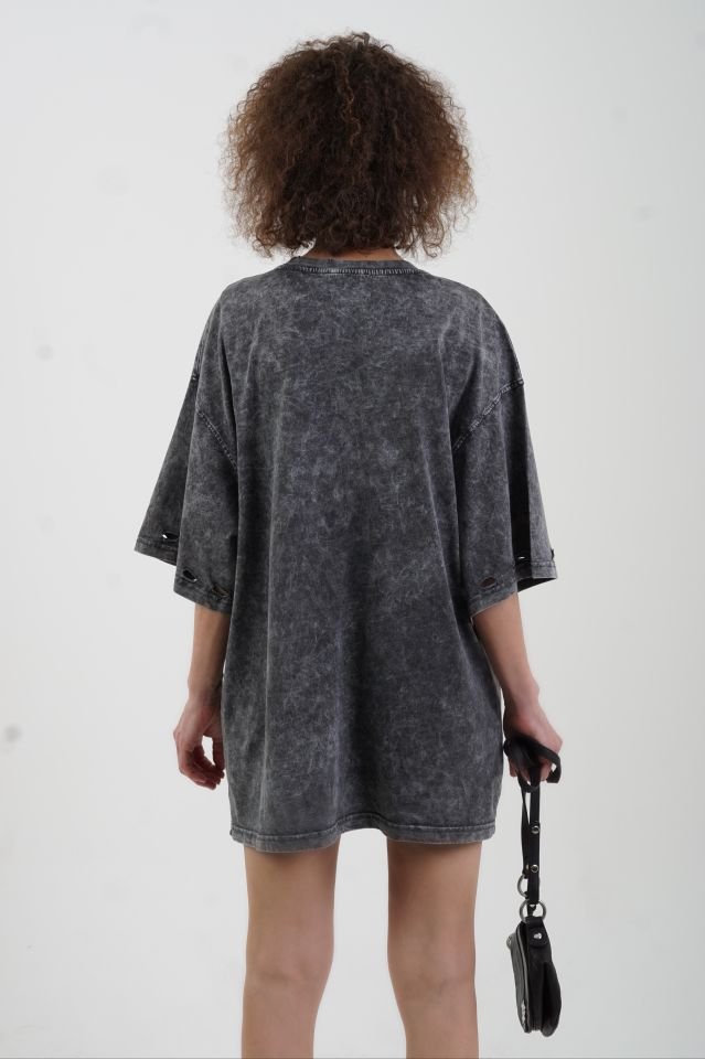 Antrasit Hands Off Soluk Efektli Baskılı Oversize Tshirt