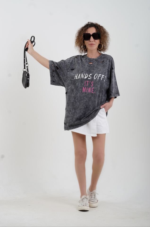 Antrasit Hands Off Soluk Efektli Baskılı Oversize Tshirt