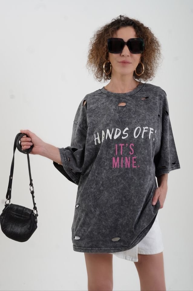 Antrasit Hands Off Soluk Efektli Baskılı Oversize Tshirt