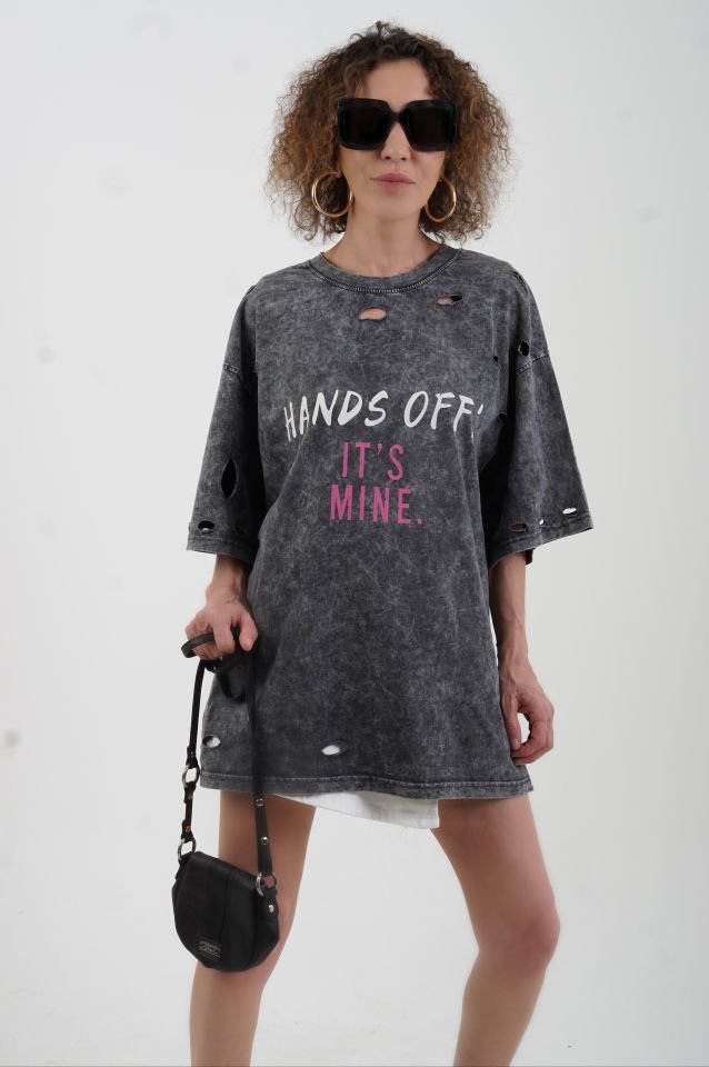 Antrasit Hands Off Soluk Efektli Baskılı Oversize Tshirt