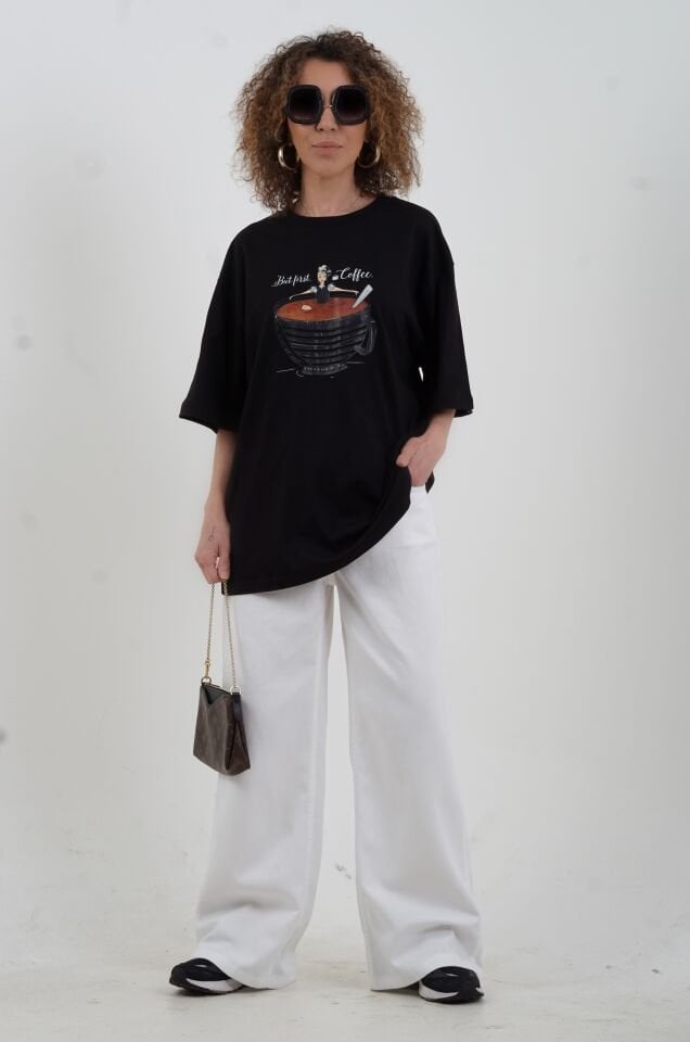 Siyah But First Coffee Fincan Baskılı Oversize Tshirt