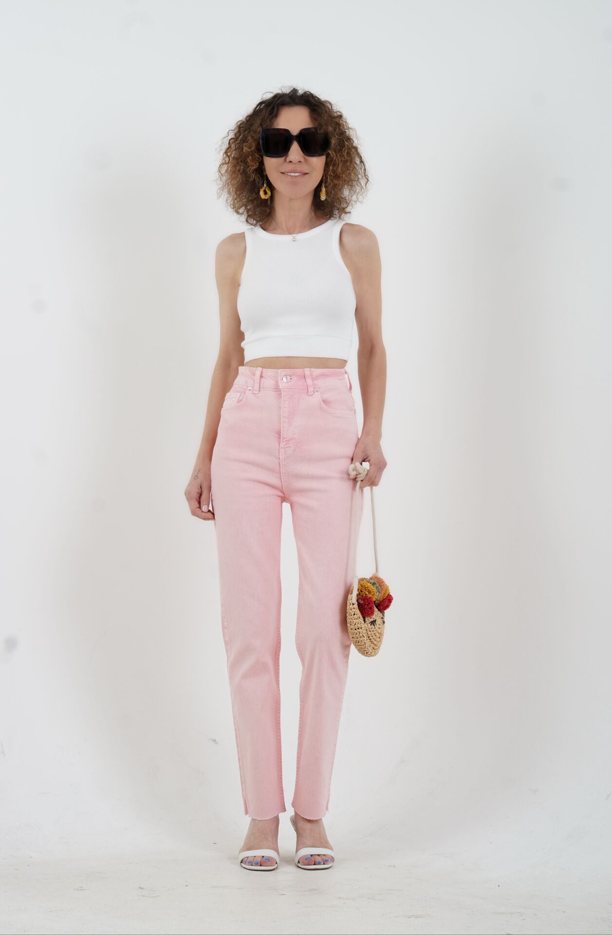 Pembe Paçası Dikişsiz Mom Fit Jean Pantolon