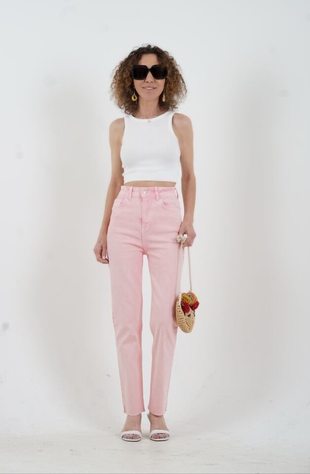 Pembe Paçası Dikişsiz Mom Fit Jean Pantolon