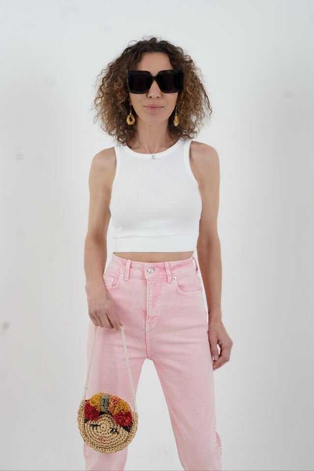 Pembe Paçası Dikişsiz Mom Fit Jean Pantolon