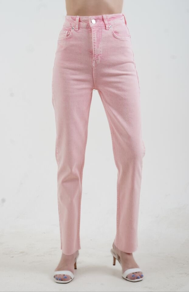 Pembe Paçası Dikişsiz Mom Fit Jean Pantolon