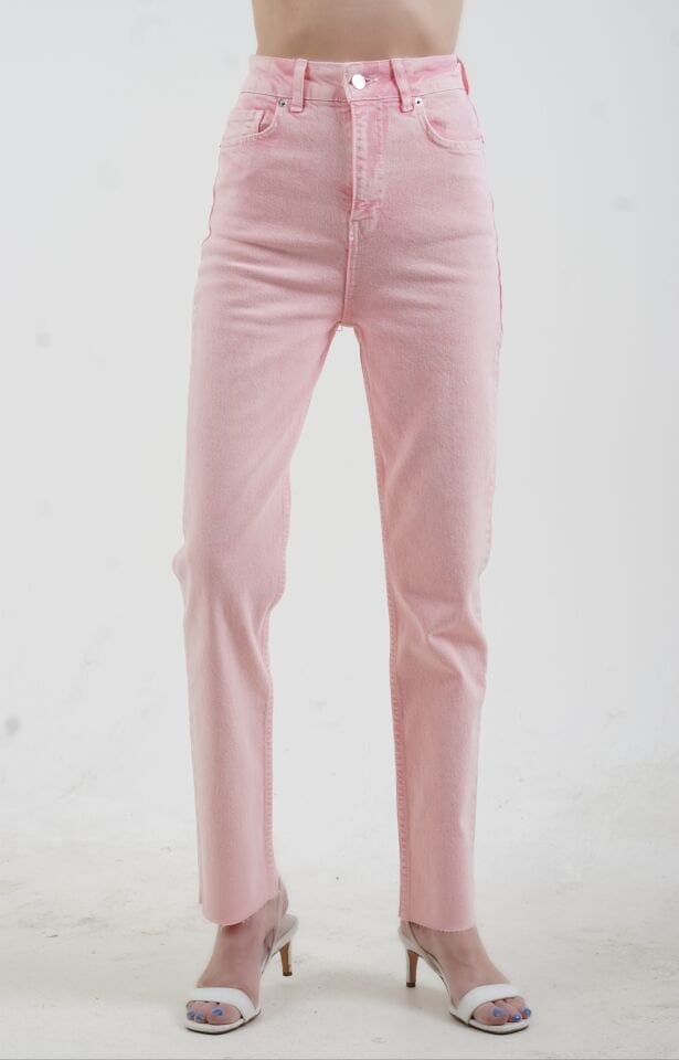 Pembe Paçası Dikişsiz Mom Fit Jean Pantolon