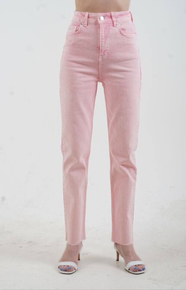 Pembe Paçası Dikişsiz Mom Fit Jean Pantolon