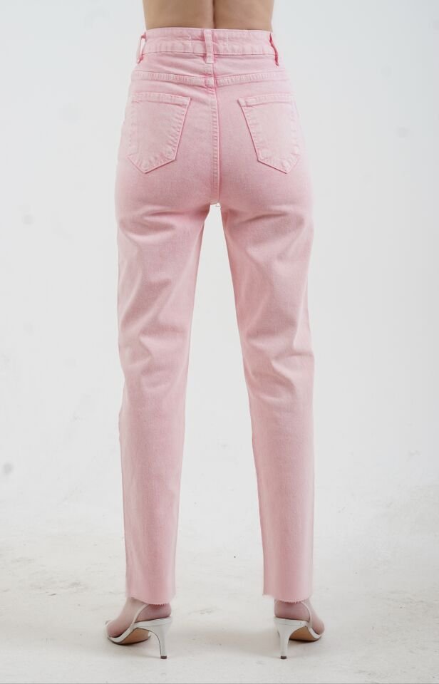 Pembe Paçası Dikişsiz Mom Fit Jean Pantolon